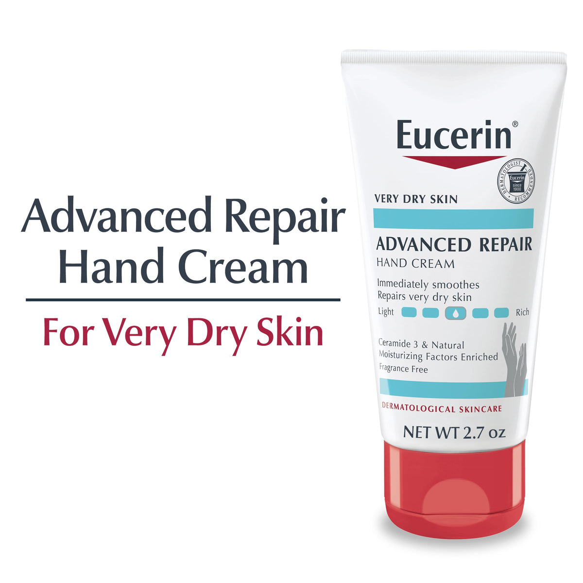 Eucerin Crème Mains Réparatrice Avancée tube ouvert avec texture de la crème