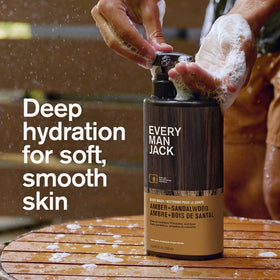 Every Man Jack gel douche ambre et santal, arrière du flacon