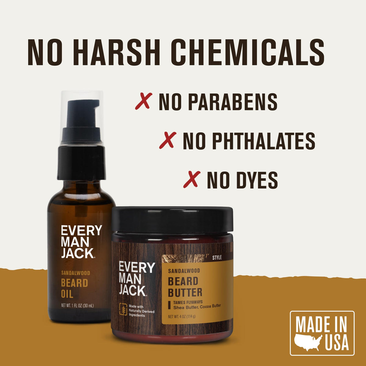 Every Man Jack Huile et Beurre pour Barbe, mise en scène sur une table en bois