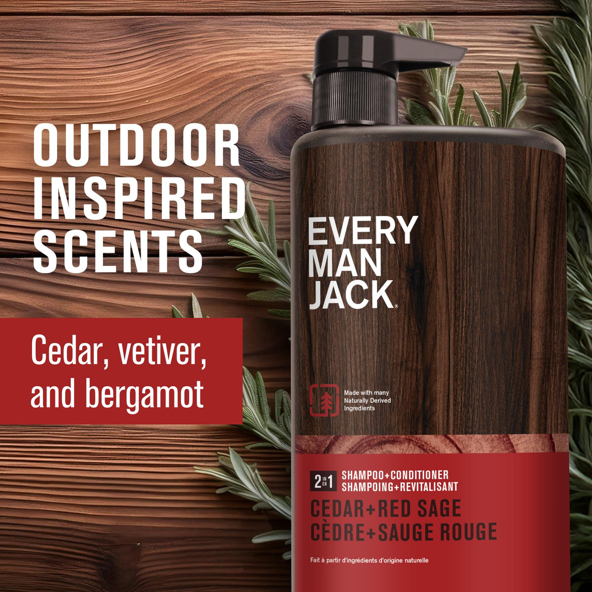 Every Man Jack Shampoo 2-en-1 Cèdre Sauge Rouge 770g bouteille avec étiquette