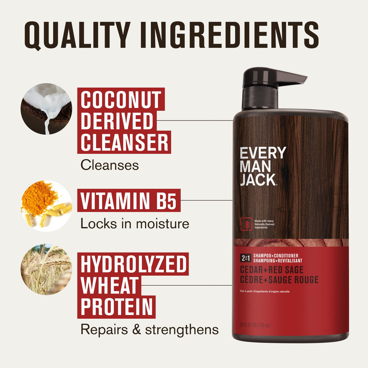 Every Man Jack Shampoo 2-en-1 Cèdre Sauge Rouge 770g côté droit