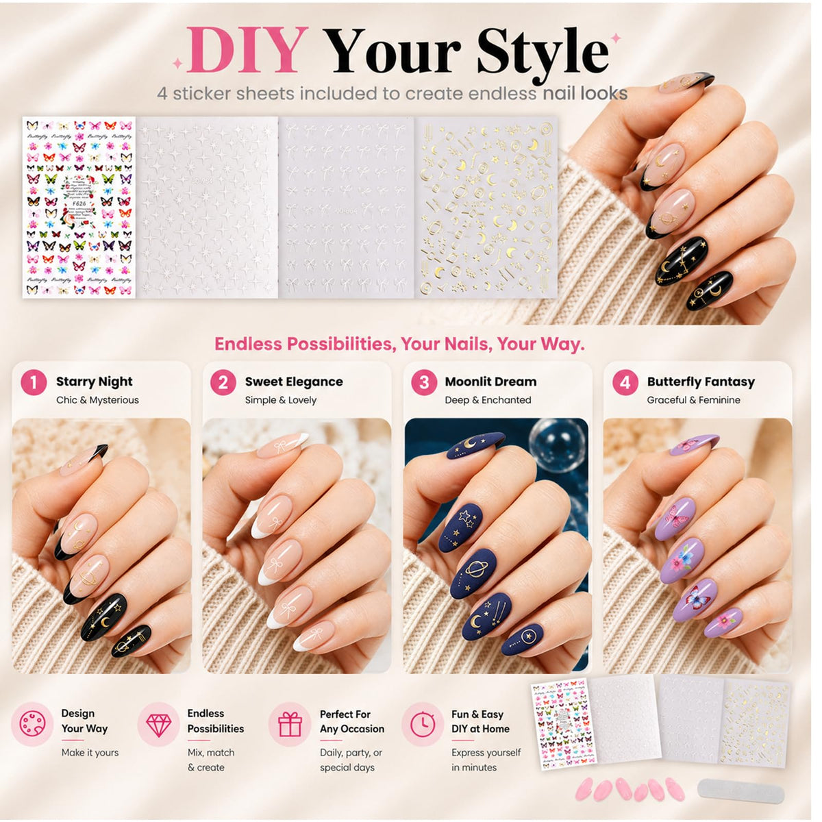 Exemple d'application d'ongles press-on Beetles avec design artistique