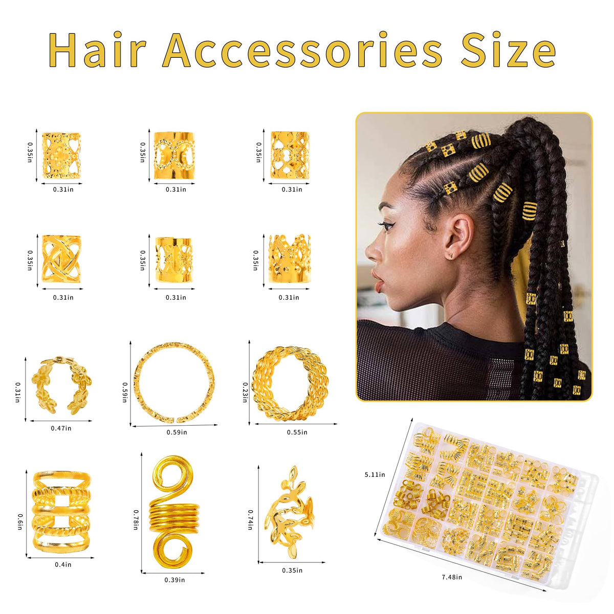 Exemples de bijoux capillaires dorés pour tresses