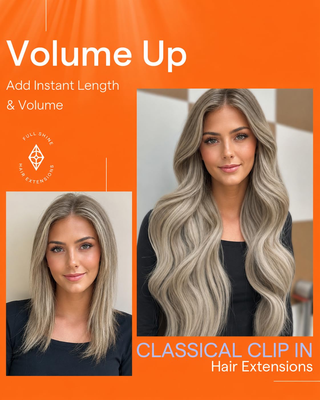 Extension cheveux Full Shine de 7 pouces avec 3 clips, mise en situation