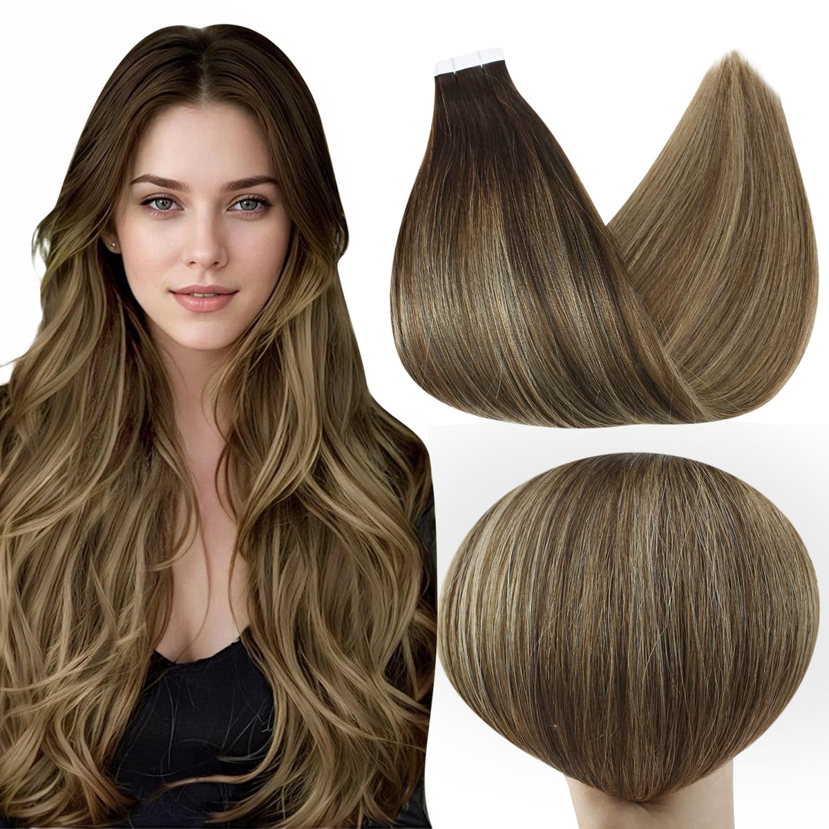 Extensions capillaires adhésives Full Shine 12 pouces couleur Off Black Honey Blonde vue de face