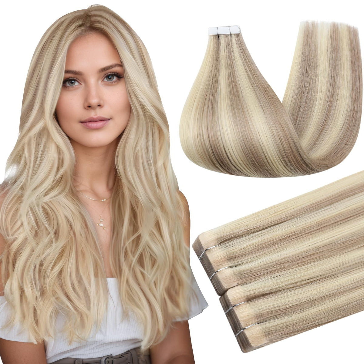 Extensions capillaires adhésives Full Shine 14 pouces blond cendré, vue de face