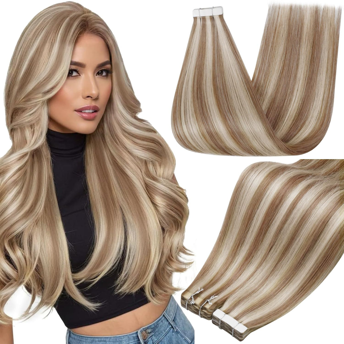 Extensions capillaires adhésives Full Shine 20 pouces blond doré vue de face