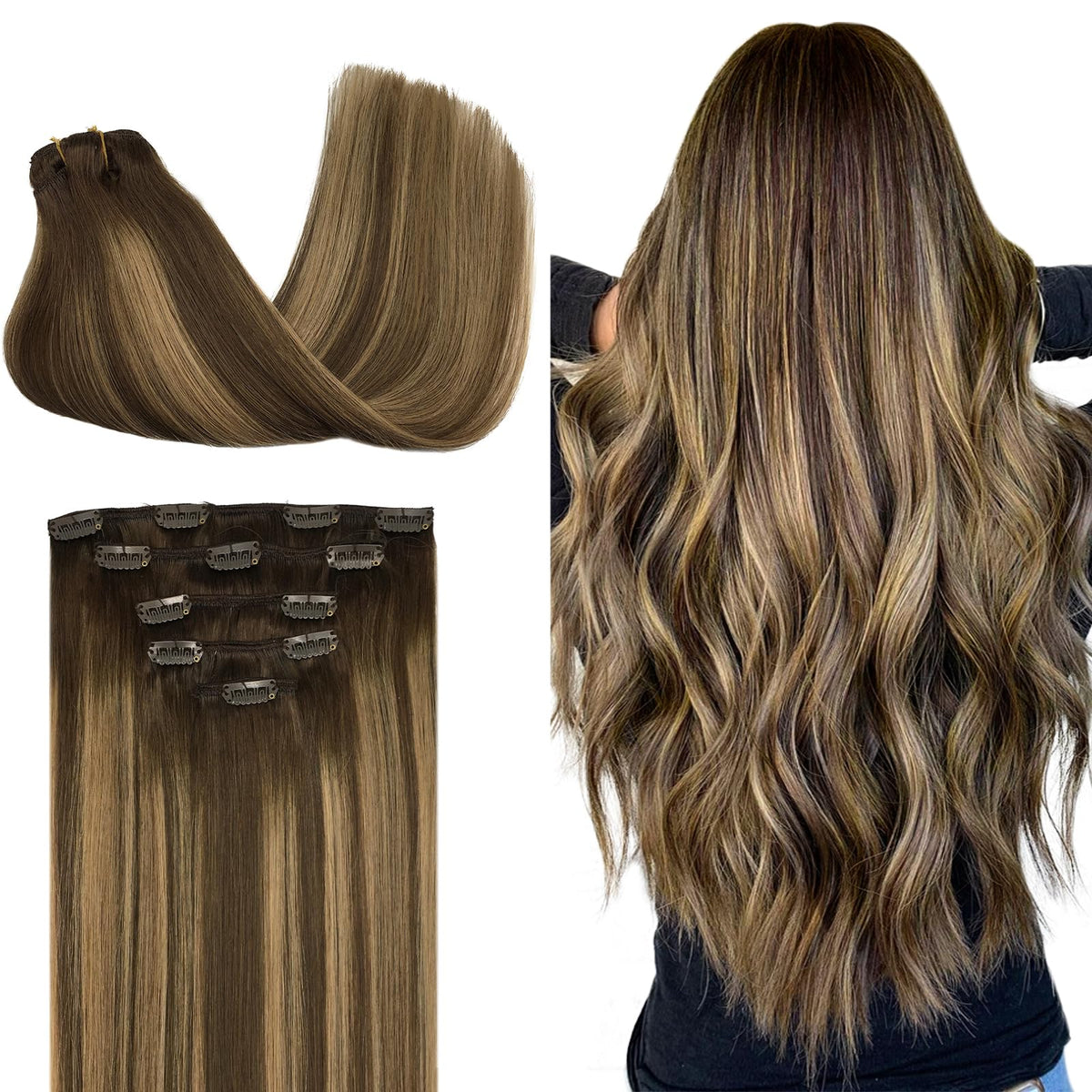 Extensions capillaires clip-in DOORES 100% cheveux humains, vue de face