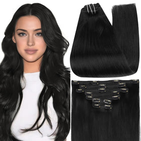 Extensions capillaires clip-in Full Shine 10 pouces en noir profond, vue de face