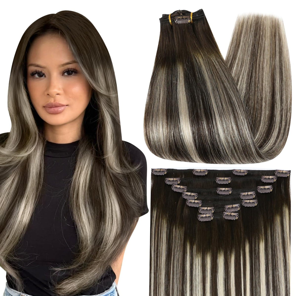 Extensions capillaires clip-in Full Shine balayage brun foncé vue avant
