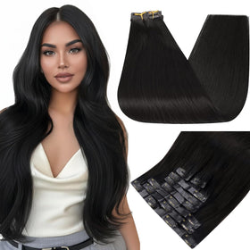 Extensions capillaires clip-in Full Shine en noir naturel, vue de face