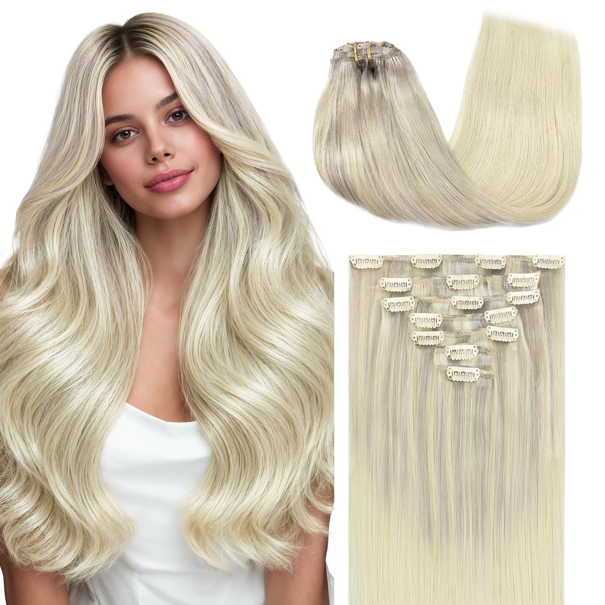 Extensions capillaires clip-in GOO GOO 14 pouces couleur balayage blond cendré à doré