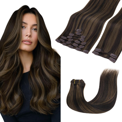 Extensions capillaires clip-in GOO GOO 18 pouces couleur châtain foncé avec reflets