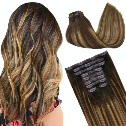 Extensions capillaires clip-in GOO GOO en cheveux humains, couleur balayage chocolat caramel