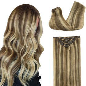 Extensions capillaires clip-in GOO GOO en cheveux naturels, couleur marron clair avec reflets dorés