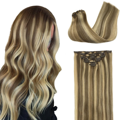 Extensions capillaires clip-in GOO GOO en cheveux naturels, couleur marron clair avec reflets dorés