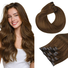 Extensions capillaires clip-in hotbanana en cheveux naturels, couleur châtain clair, 18 pouces