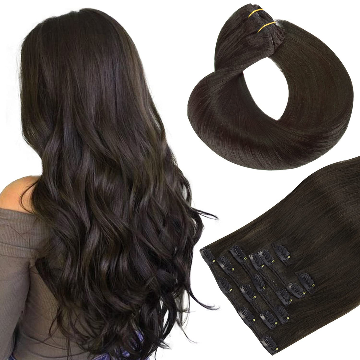 Extensions capillaires clip-in hotbanana en cheveux naturels marron foncé