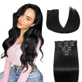 Extensions capillaires clip-in moucyo en cheveux humains 120g 18 pouces couleur noir naturel, vue de face
