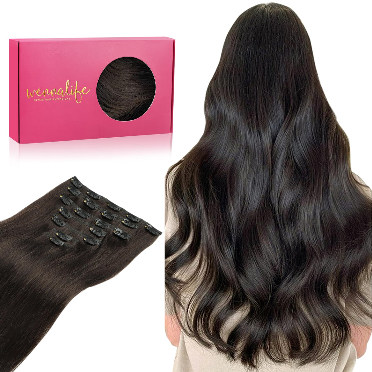 Extensions capillaires clip-in Wennalife 18 pouces châtain foncé vue de face
