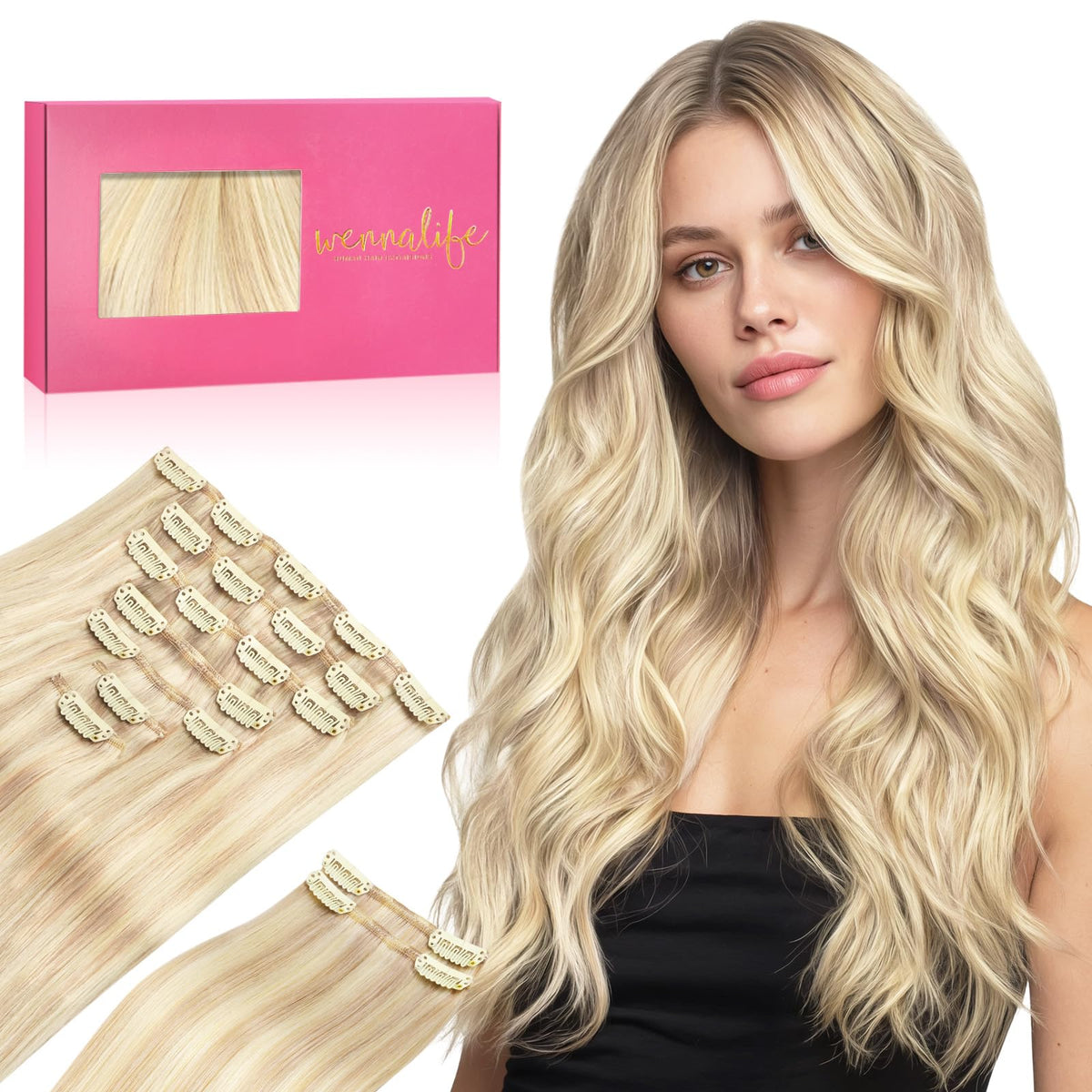 Extensions capillaires clip in Wennalife 22 pouces couleur balayage blond platine