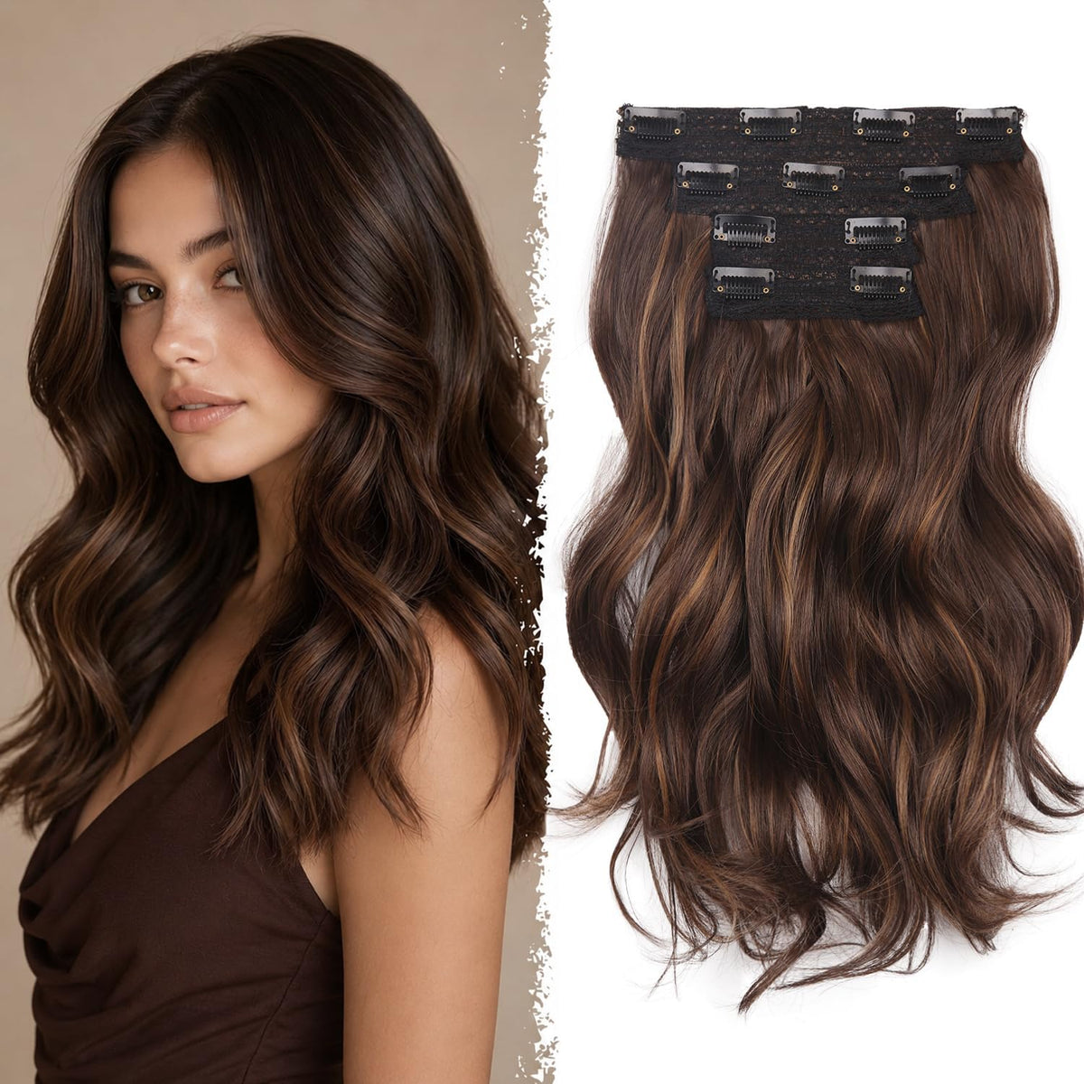 Extensions capillaires clip-in ZQIAN BEAUTY 14 pouces couleur châtain vue de face