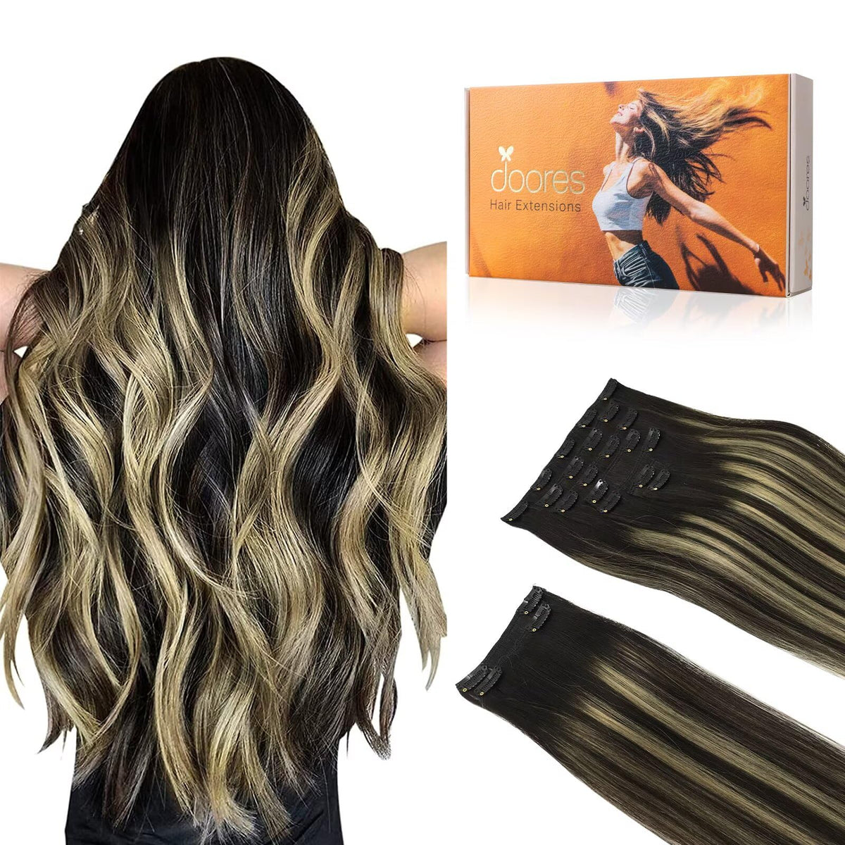 Extensions capillaires DOORES clip-in en cheveux humains, couleur naturelle
