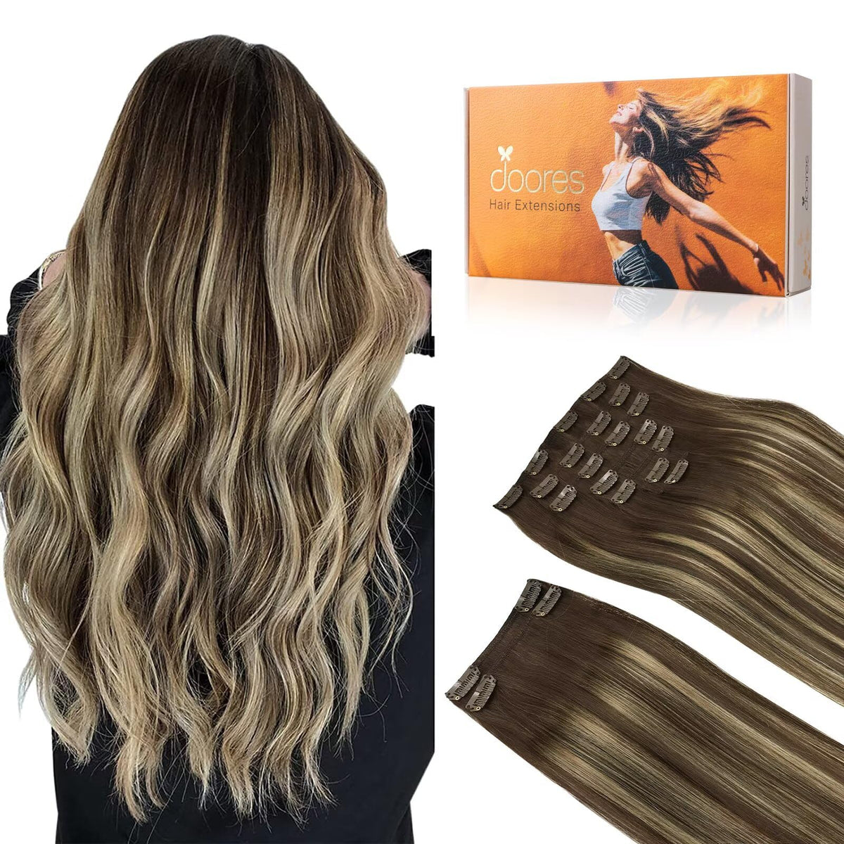 Extensions capillaires DOORES clip-in en cheveux humains, ensemble de 9 pièces