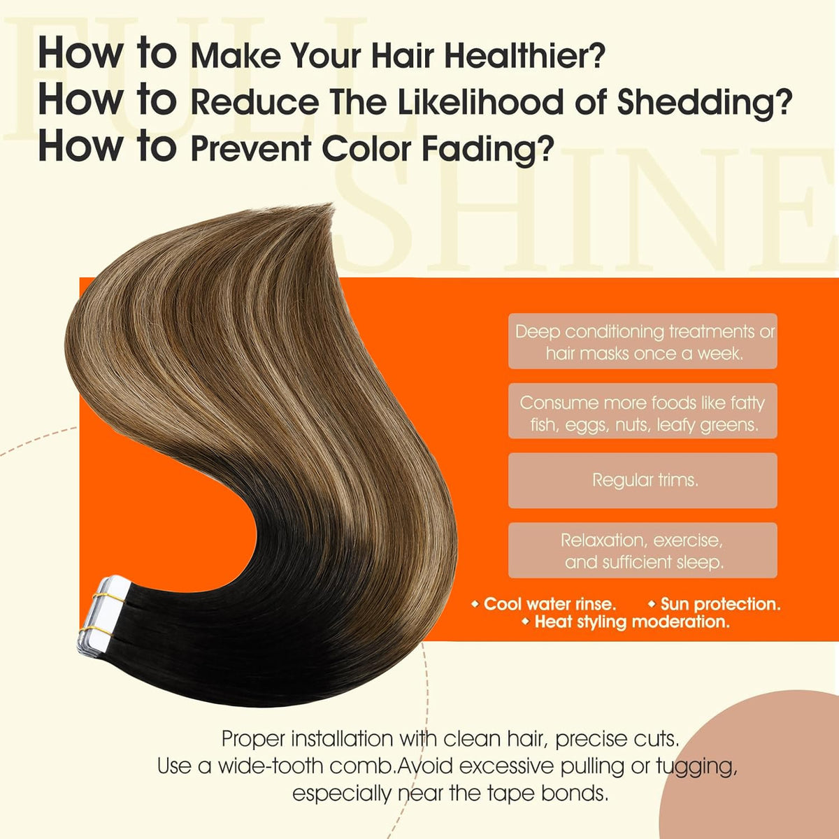 Extensions capillaires Full Shine montrant leur texture douce et soyeuse
