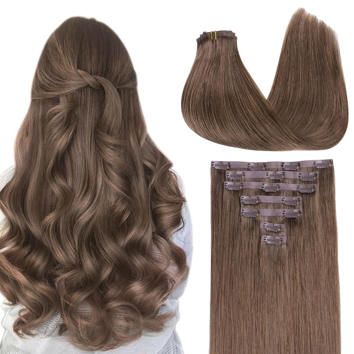 Extensions capillaires GOO GOO clip-in en cheveux humains châtain clair cendré 16 pouces