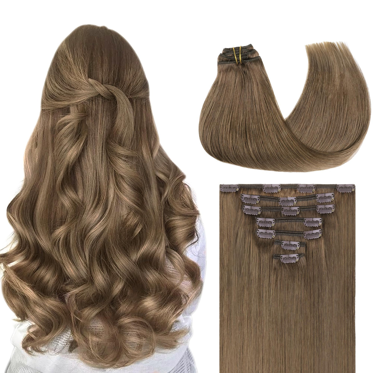Extensions capillaires GOO GOO clip-in en cheveux humains réels, couleur châtain cendré