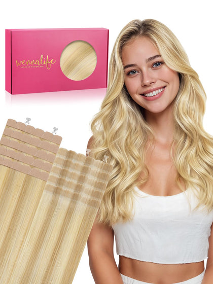 Extensions capillaires mini tape Wennalife 20 pouces blond doré vue de face