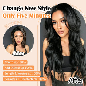 Extensions capillaires moucyo installées sur un modèle avec des cheveux longs