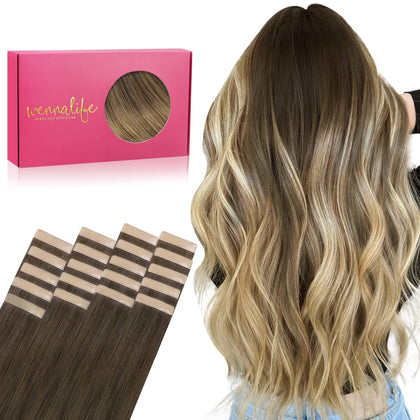 Extensions capillaires tape in Wennalife 22 pouces Ombre Marron Noisette à Blond Platine vue de face