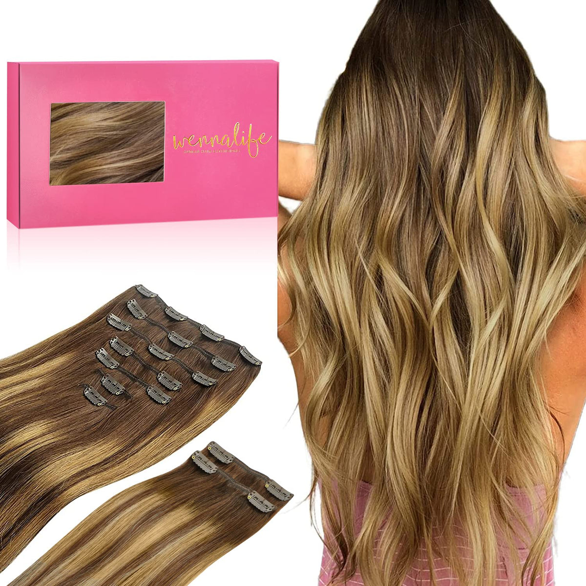 Extensions capillaires Wennalife 150g 18 pouces balayage chocolat à blond caramélisé vue de face