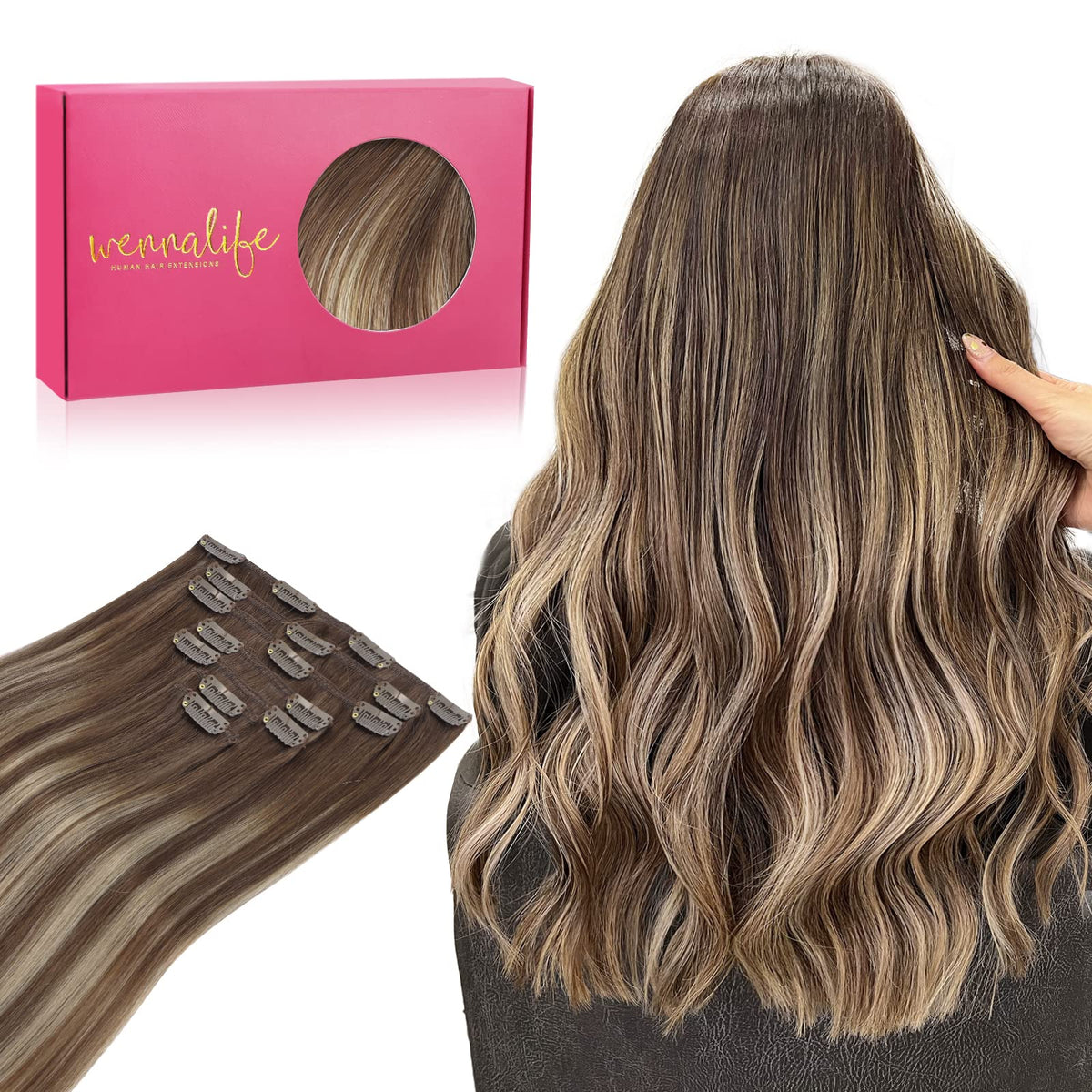 Extensions capillaires Wennalife 22 pouces couleur balayage chocolat à blond miel vue avant