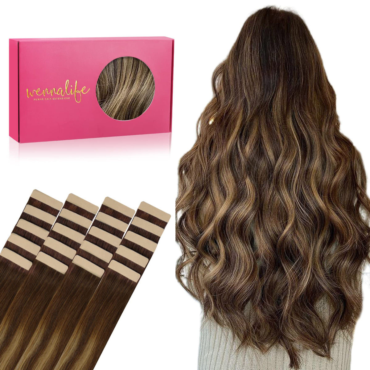 Extensions capillaires Wennalife 24 pouces couleur chocolat à caramel vue de face