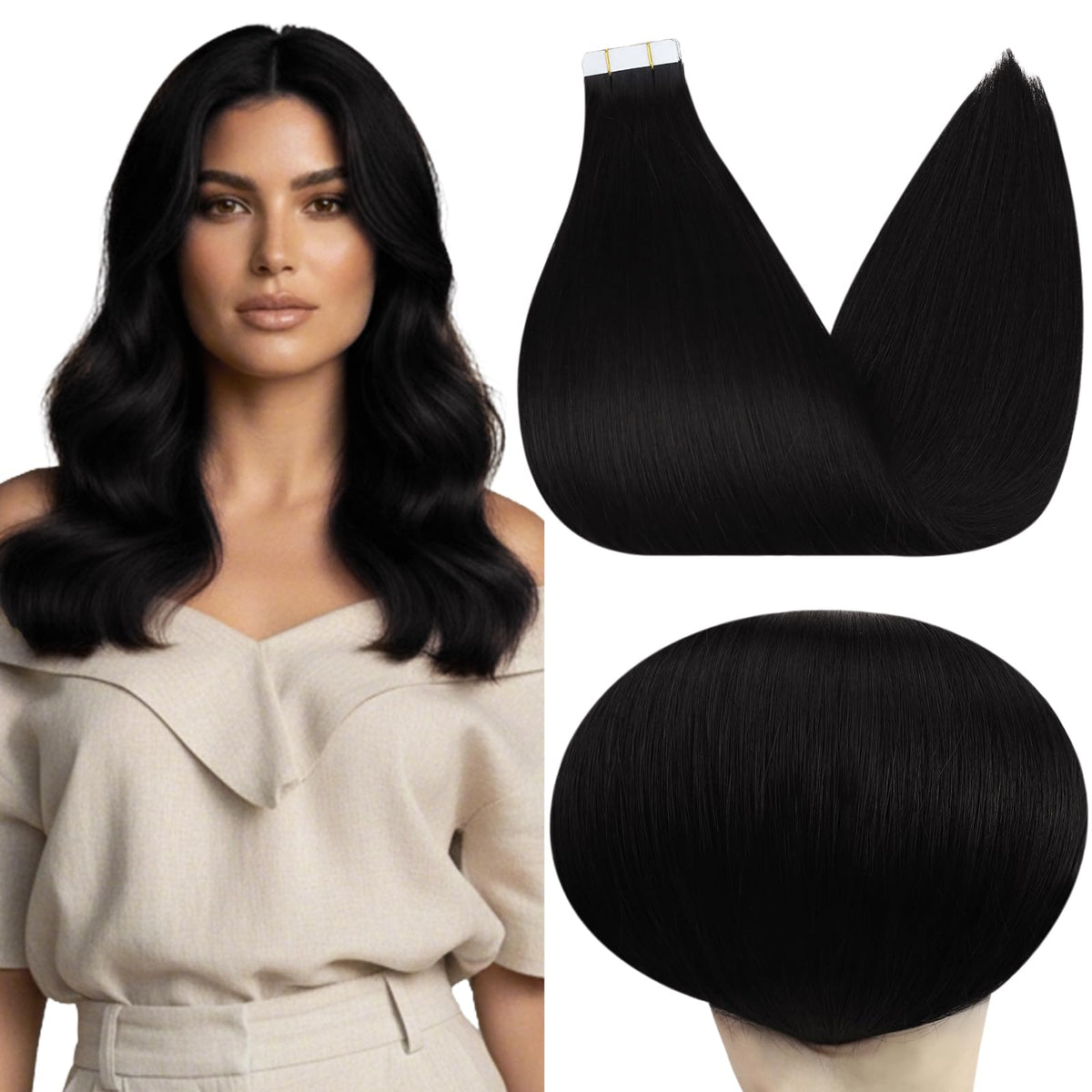 Extensions cheveux adhésives Full Shine 16 pouces couleur noir ébène, vue de face