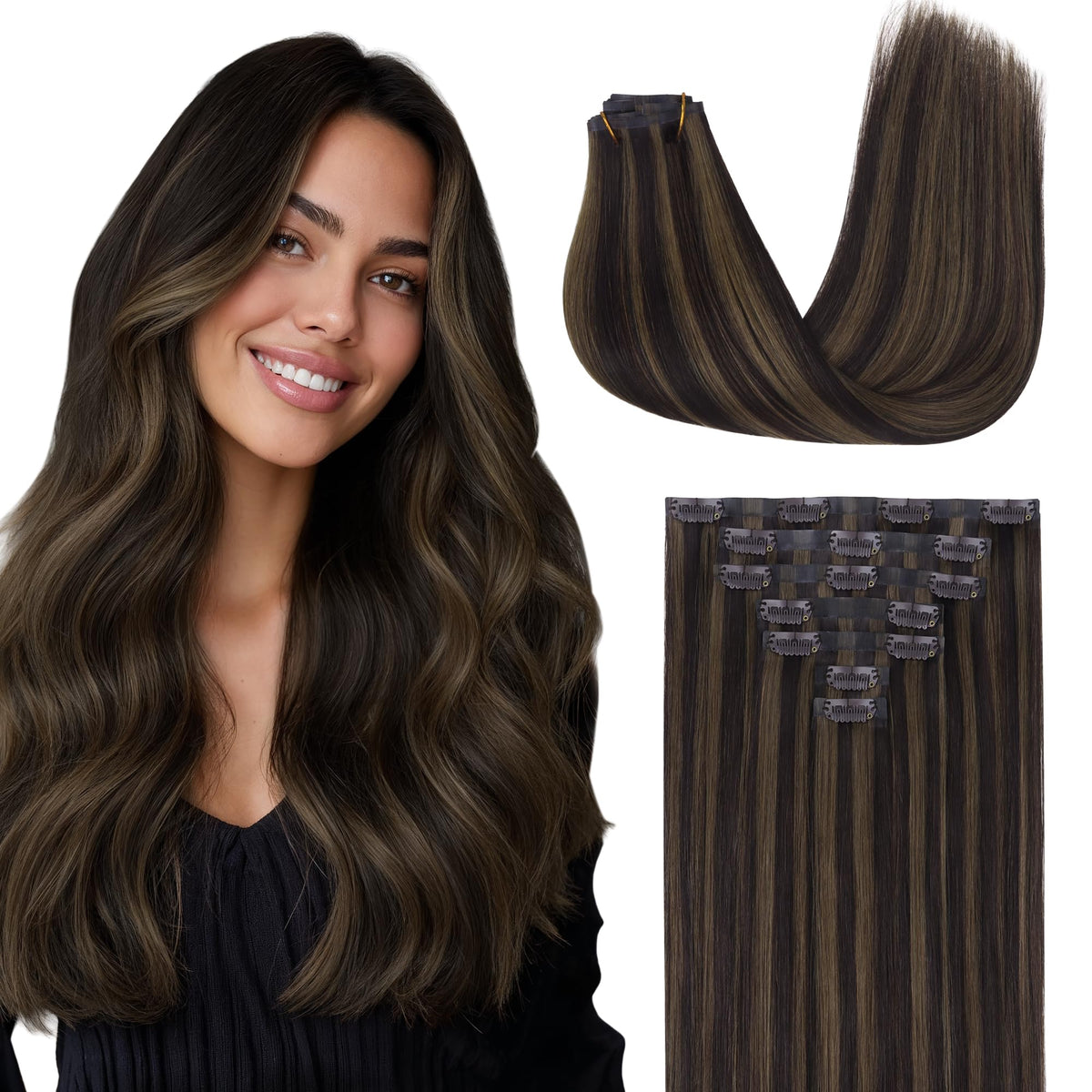 Extensions cheveux clip GOO GOO 16 pouces châtain foncé vue avant
