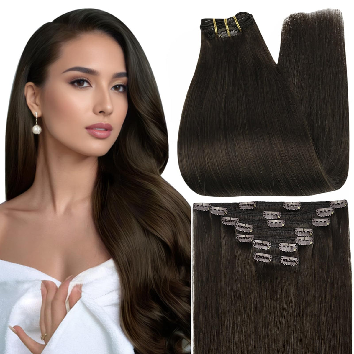 Extensions cheveux clip in brunes Full Shine modèle avant