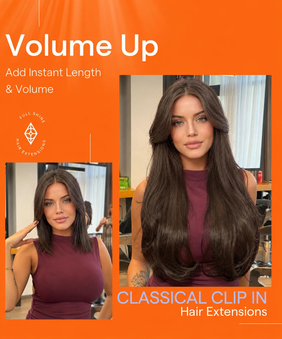 Extensions cheveux clip-in en châtain mocha sur fond neutre