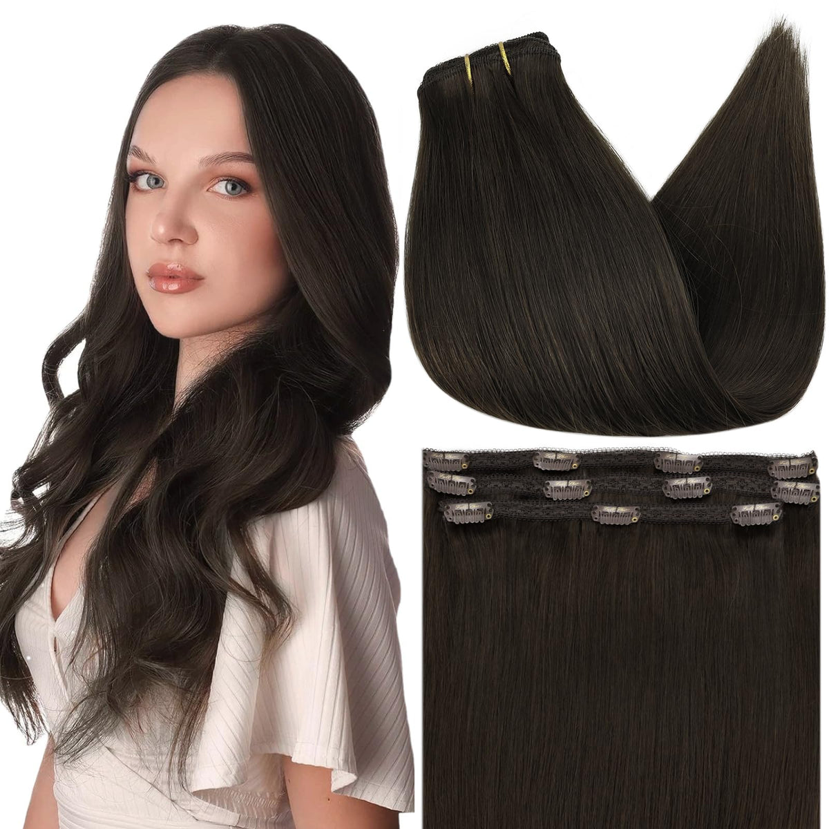 Extensions cheveux clip in Full Shine 10 pouces brun foncé vue avant