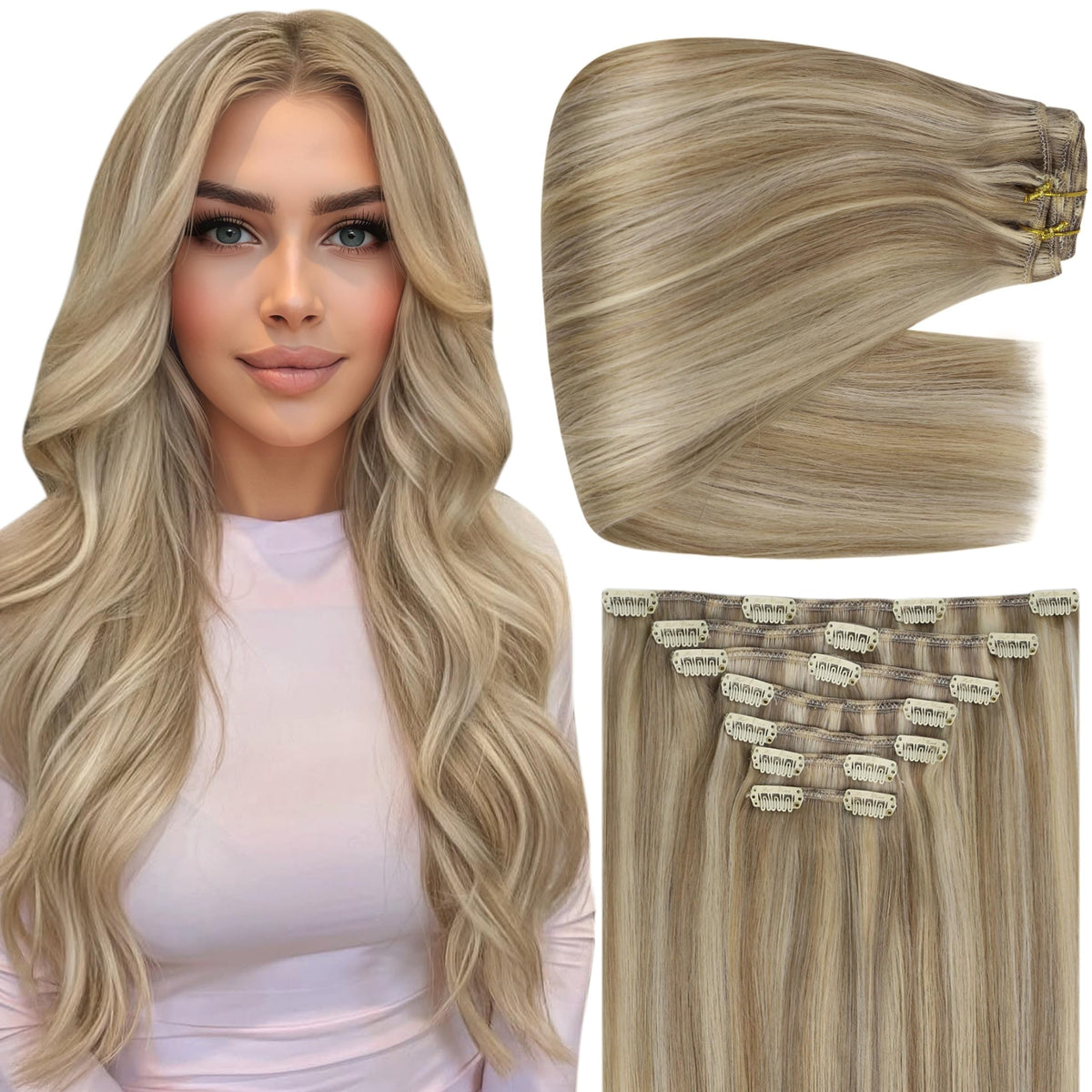 Extensions cheveux clip-in Full Shine 20 pouces, couleur blonde dorée, vue avant