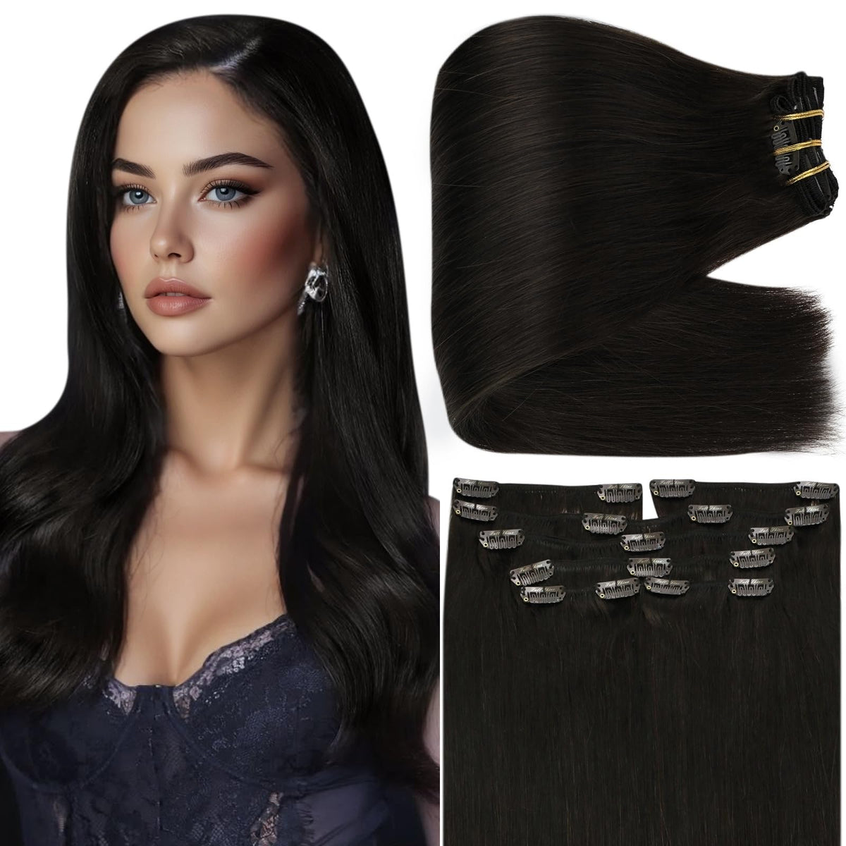 Extensions cheveux clip-in Full Shine 20 pouces, couleur noire