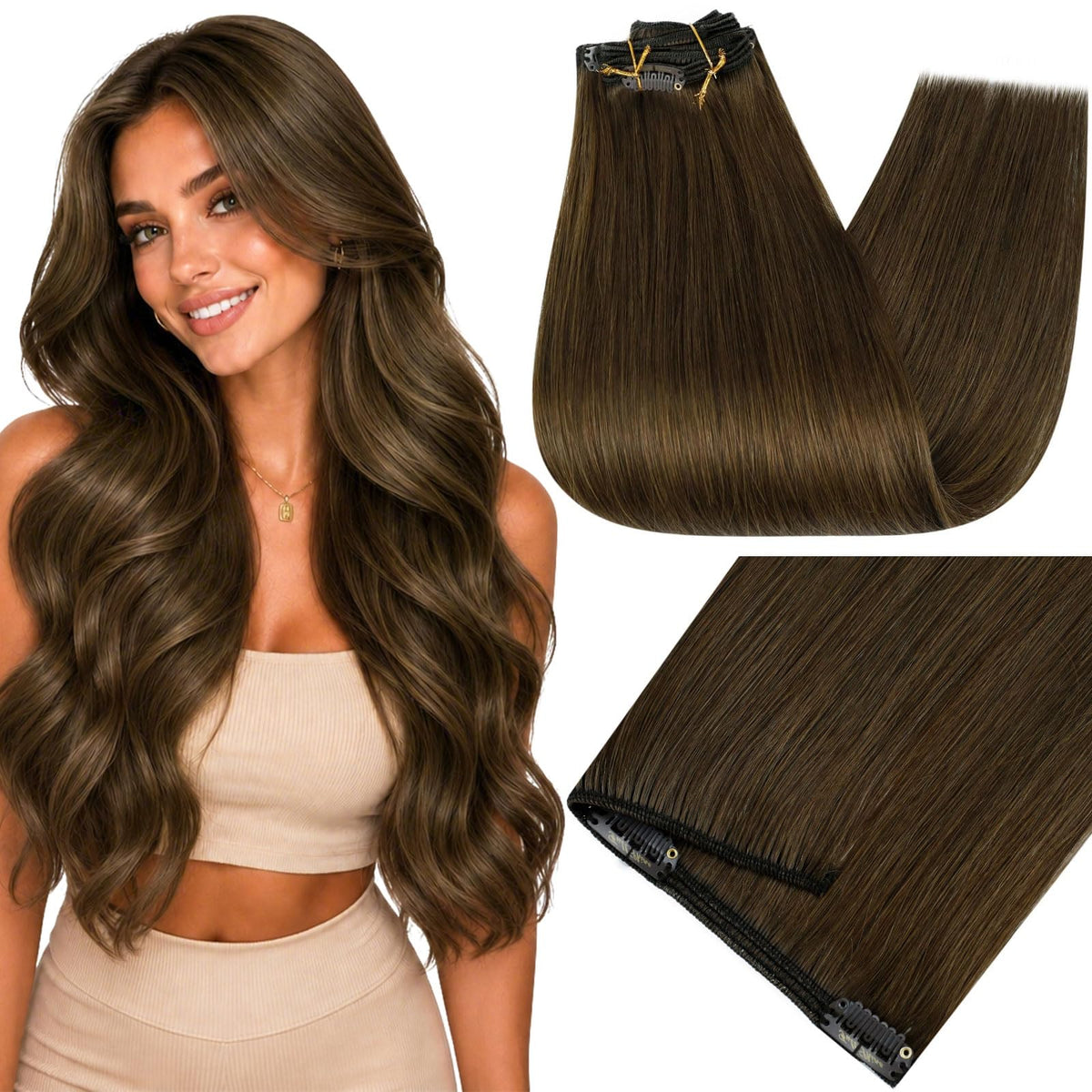 Extensions cheveux clip-in Full Shine 20 pouces marron moyen vue de face