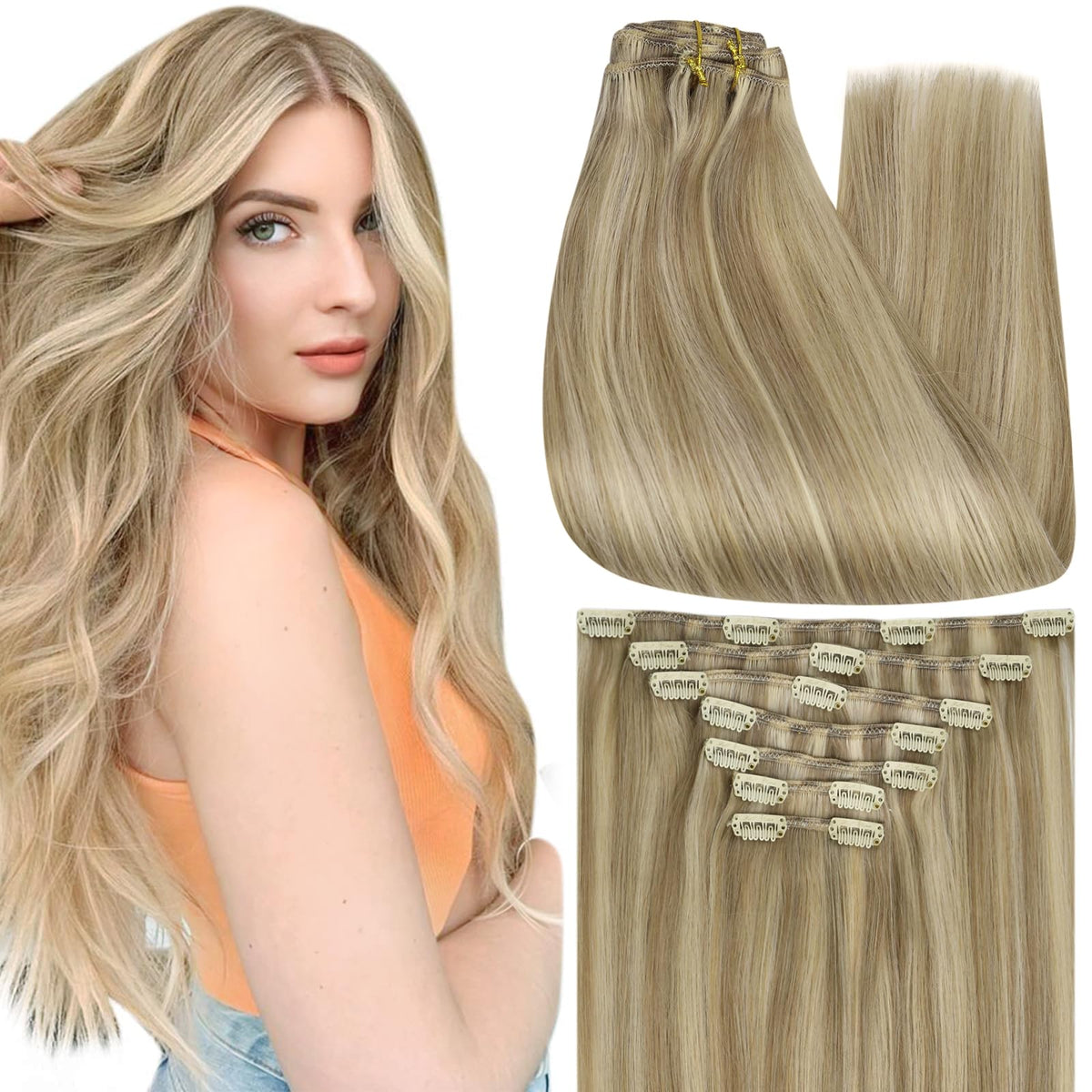 Extensions cheveux clip-in Full Shine 24 pouces blond doré avec reflets