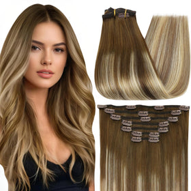 Extensions cheveux Clip In Full Shine couleur brun doré avec reflets blonds