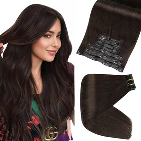 Extensions cheveux clip-in Full Shine marron foncé vue de face