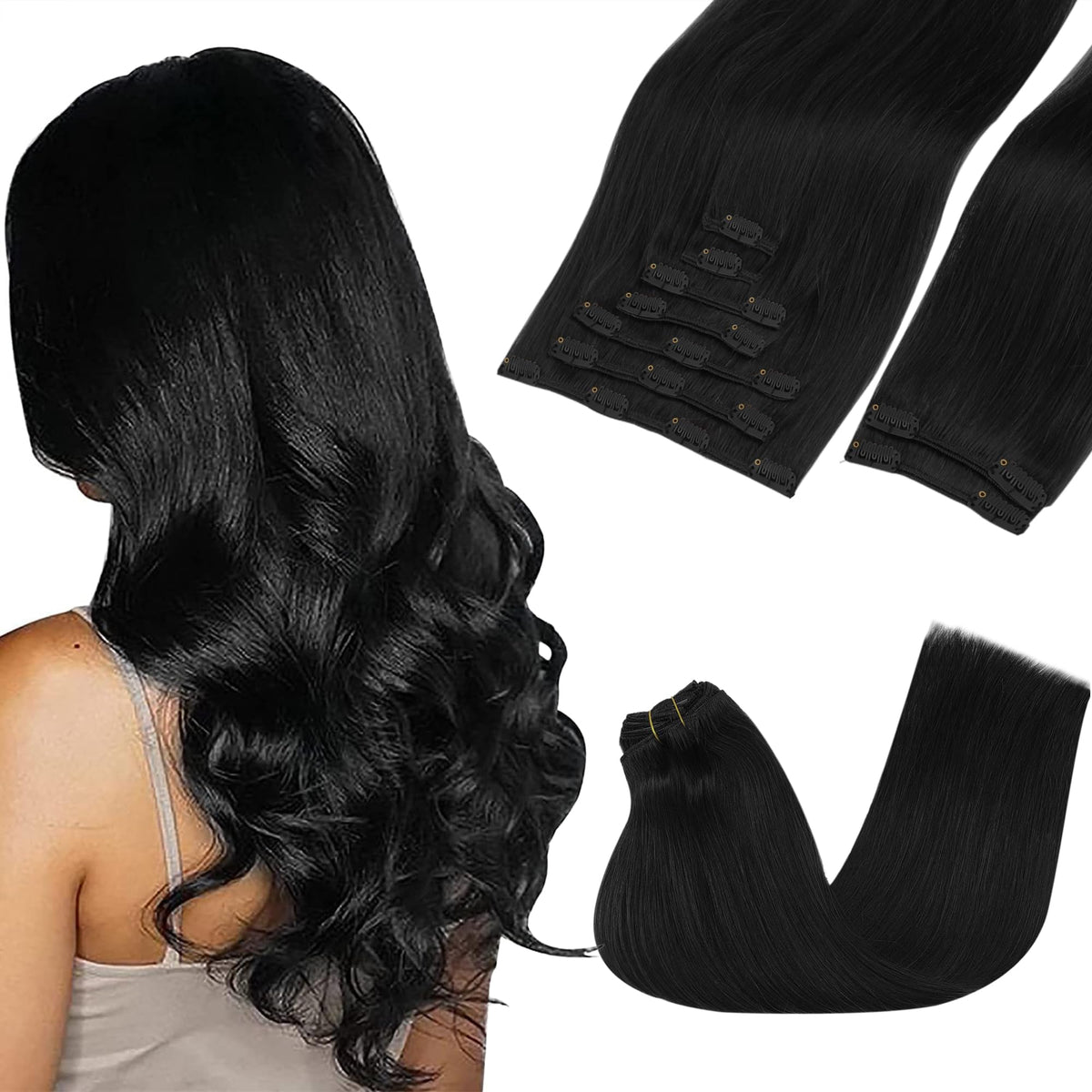 Extensions cheveux clip-in GOO GOO 150g 16 pouces couleur noir jet vue avant