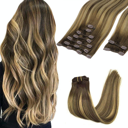 Extensions cheveux clip-in GOO GOO 16 pouces couleur balayage chocolat caramel